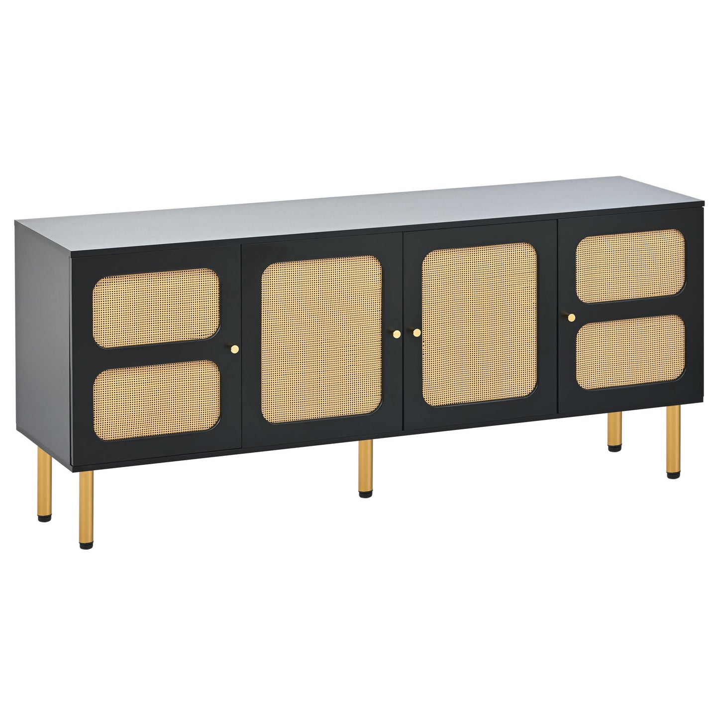 Meuble TV de style bohème ON-TREND avec porte en rotin, table console multimédia tissée pour téléviseurs jusqu'à 70", panneau latéral de style campagnard avec base en métal doré pour le salon, noir.