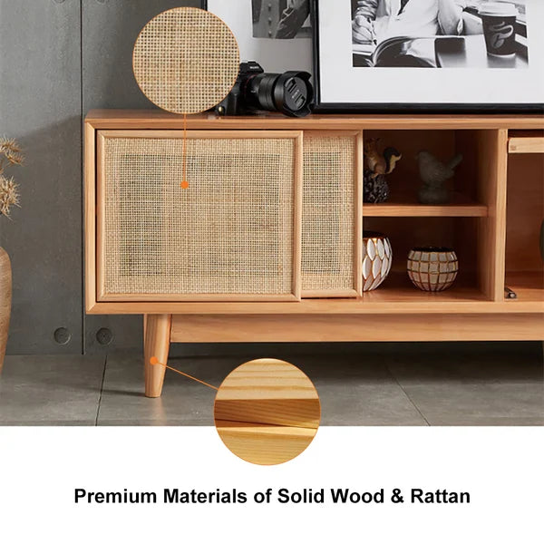 Meuble TV 79" Console multimédia naturelle avec portes, tiroirs et étagère en rotin tissé en grand