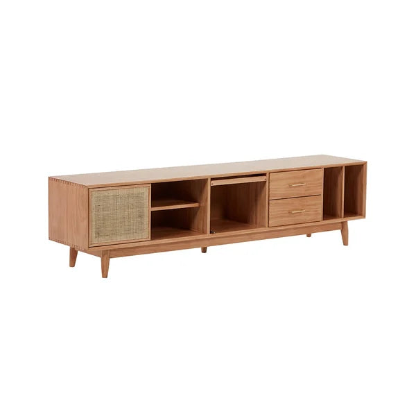 Meuble TV 79" Console multimédia naturelle avec portes, tiroirs et étagère en rotin tissé en grand