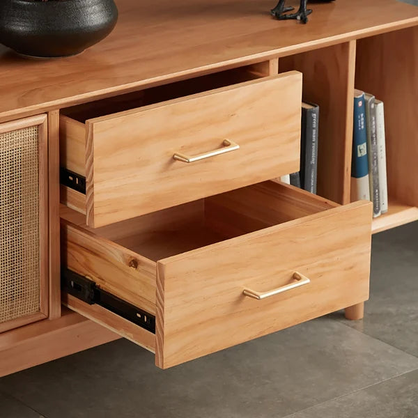 Meuble TV 79" Console multimédia naturelle avec portes, tiroirs et étagère en rotin tissé en grand