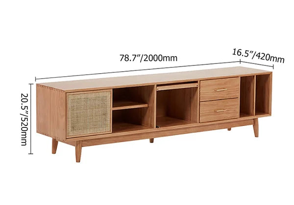 Meuble TV 79" Console multimédia naturelle avec portes, tiroirs et étagère en rotin tissé en grand
