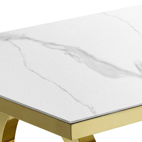 79" Contemporary Rectangle White Dining Table with Faux Marble Top&Stainless Steel Base