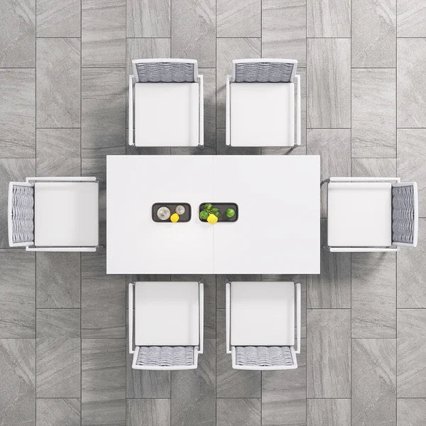 7 Pieces Outdoor Patio Dining Set Extendable Aluminum & Wood Table & Woven Rope Chairs