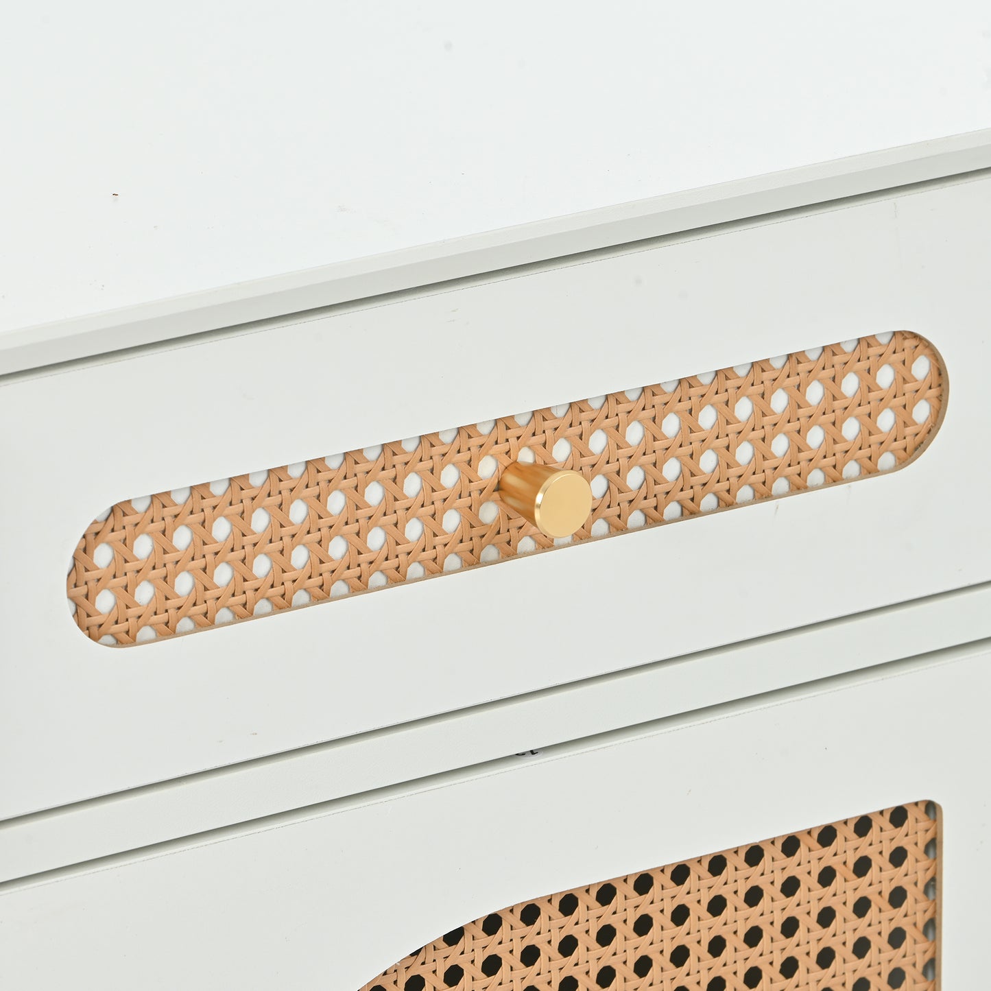 U-Can Meuble TV avec porte en rotin, table console multimédia tissée avec étagères réglables pour téléviseurs jusqu'à 65", buffet de rangement pour salon