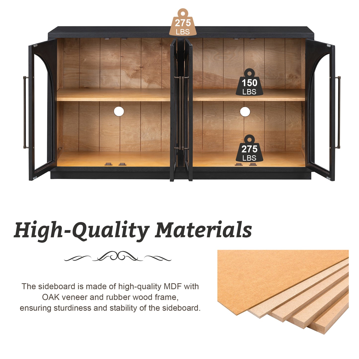 4-Door Large Storage Retro Sideboard with Metal Handles and Adjustable Shelves for Kitchen, Dining Room and Living Room (Black)