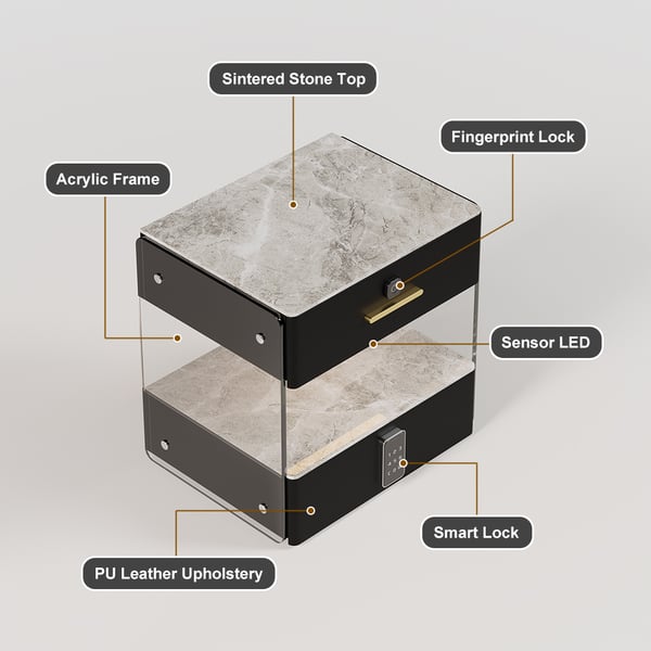Modern Black Smart Leather Nightstand with Light & Sintered Stone Top & Fingerprint Lock