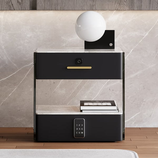 Modern Black Smart Leather Nightstand with Light & Sintered Stone Top & Fingerprint Lock