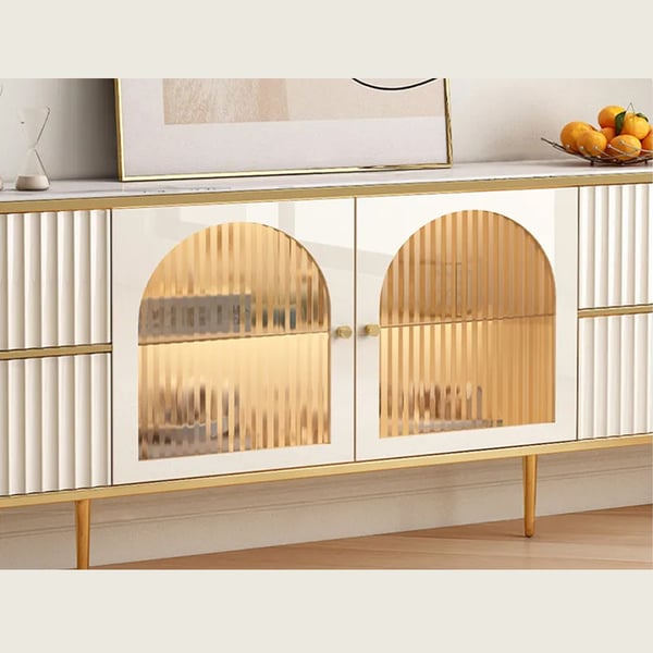 Meuble TV en pierre cannelée avec porte en verre blanc de 80", meuble multimédia en bois pour téléviseur de 85" avec tiroirs