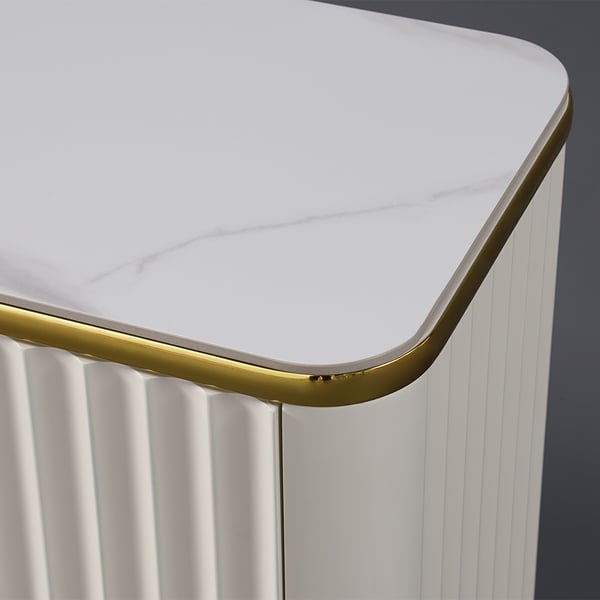 Meuble TV en pierre cannelée avec porte en verre blanc de 80", meuble multimédia en bois pour téléviseur de 85" avec tiroirs