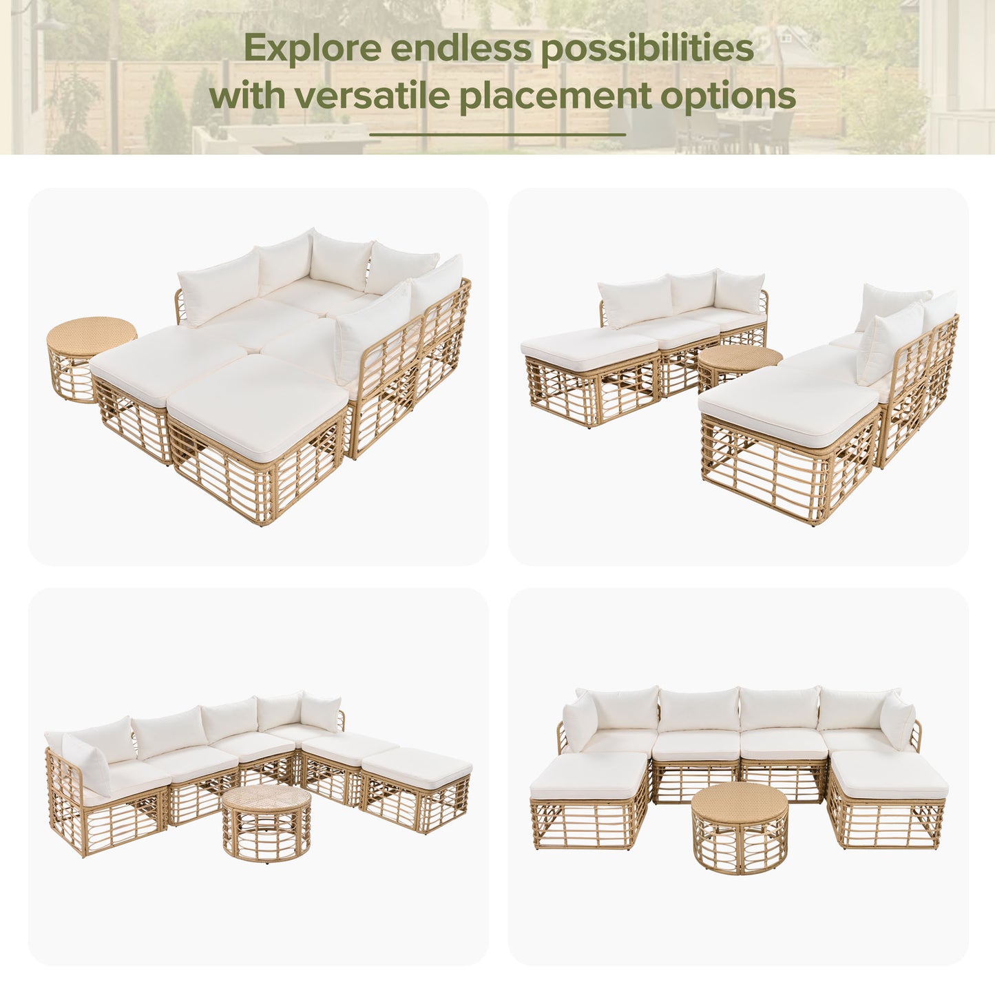 7-Piece Outdoor Patio Furniture Set: All-Weather Rattan Sectional Sofa with Thick Cushions and Pillows, Versatile Conversation Set for Garden, Backyard, and Balcony in Beige