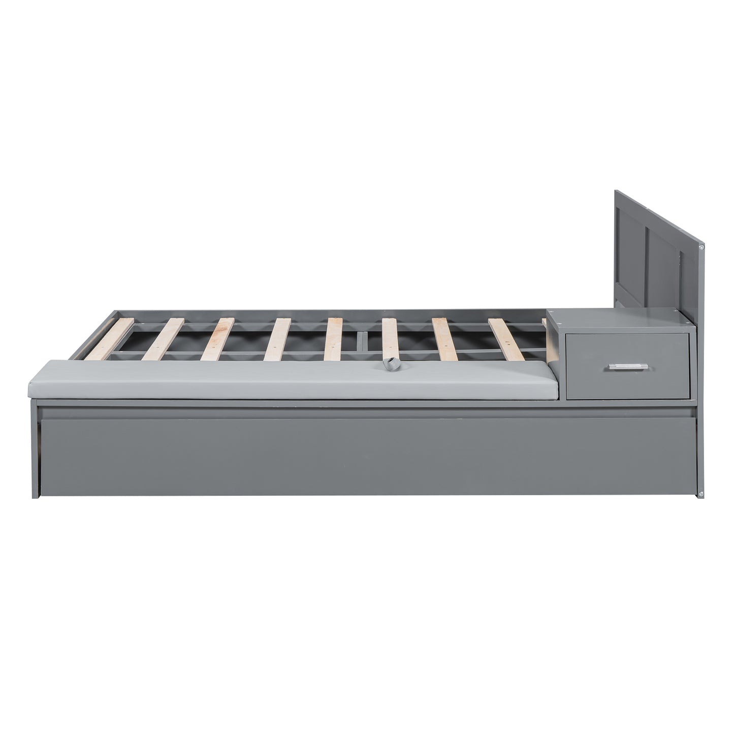 Lit plateforme hydraulique pleine grandeur avec rangement en bois avec lit gigogne double, table d'appoint et salon, gris