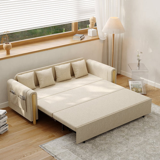 82" Full Beige Sleeper Sofa Upholstered Convertible Sofa Bed with Storage