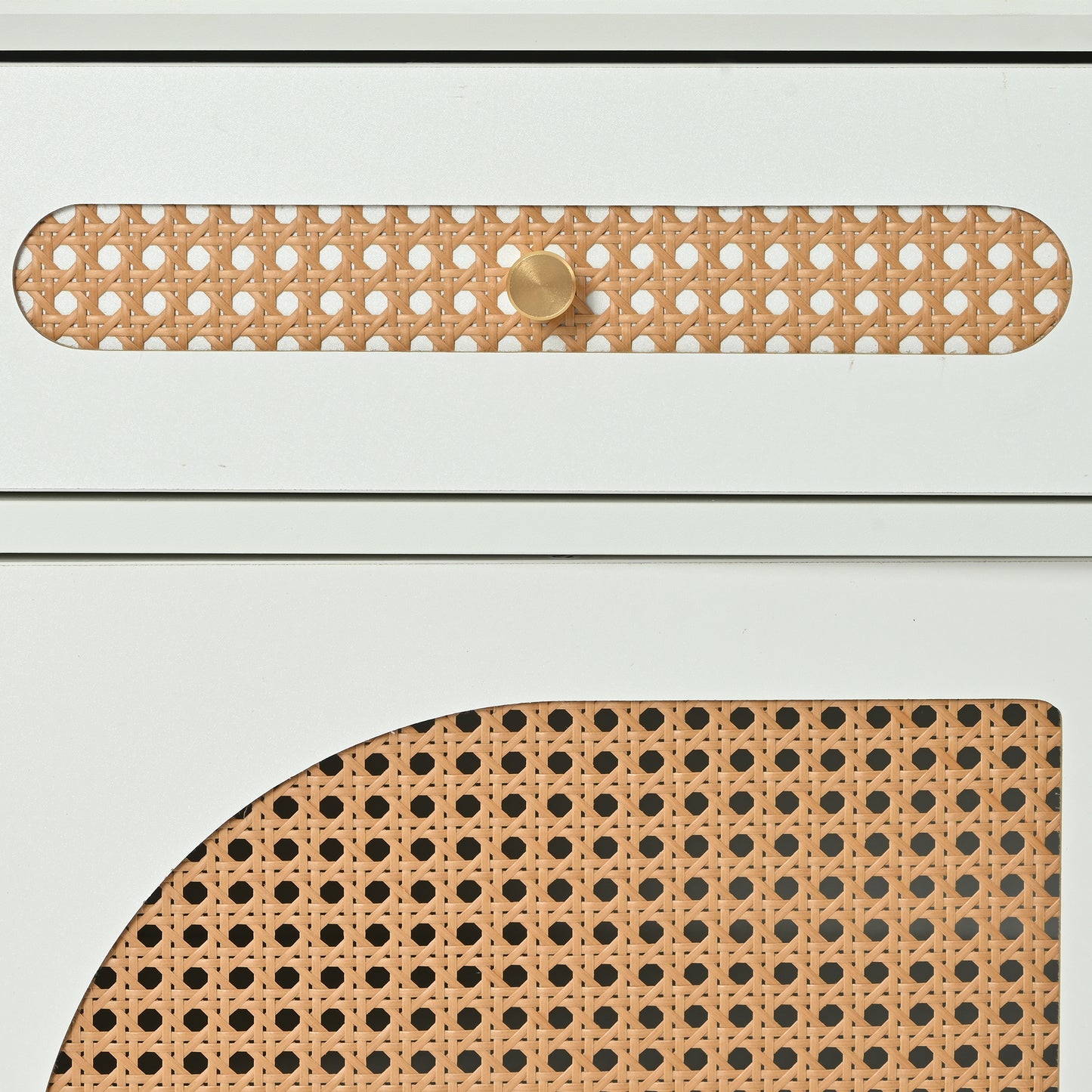 U-Can Meuble TV avec porte en rotin, table console multimédia tissée avec étagères réglables pour téléviseurs jusqu'à 65", buffet de rangement pour salon