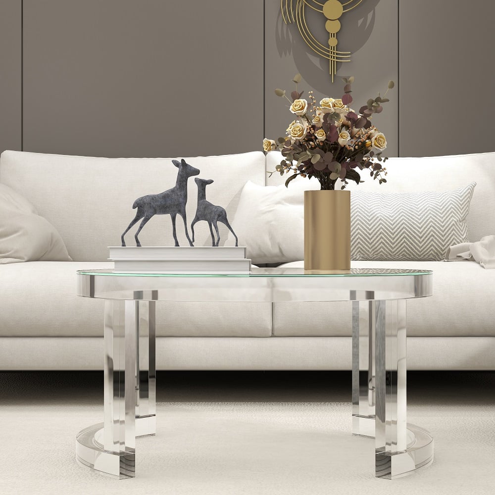 31.5" Modern Round Acrylic Coffee Table for Living Room with Tempered Glass Top
