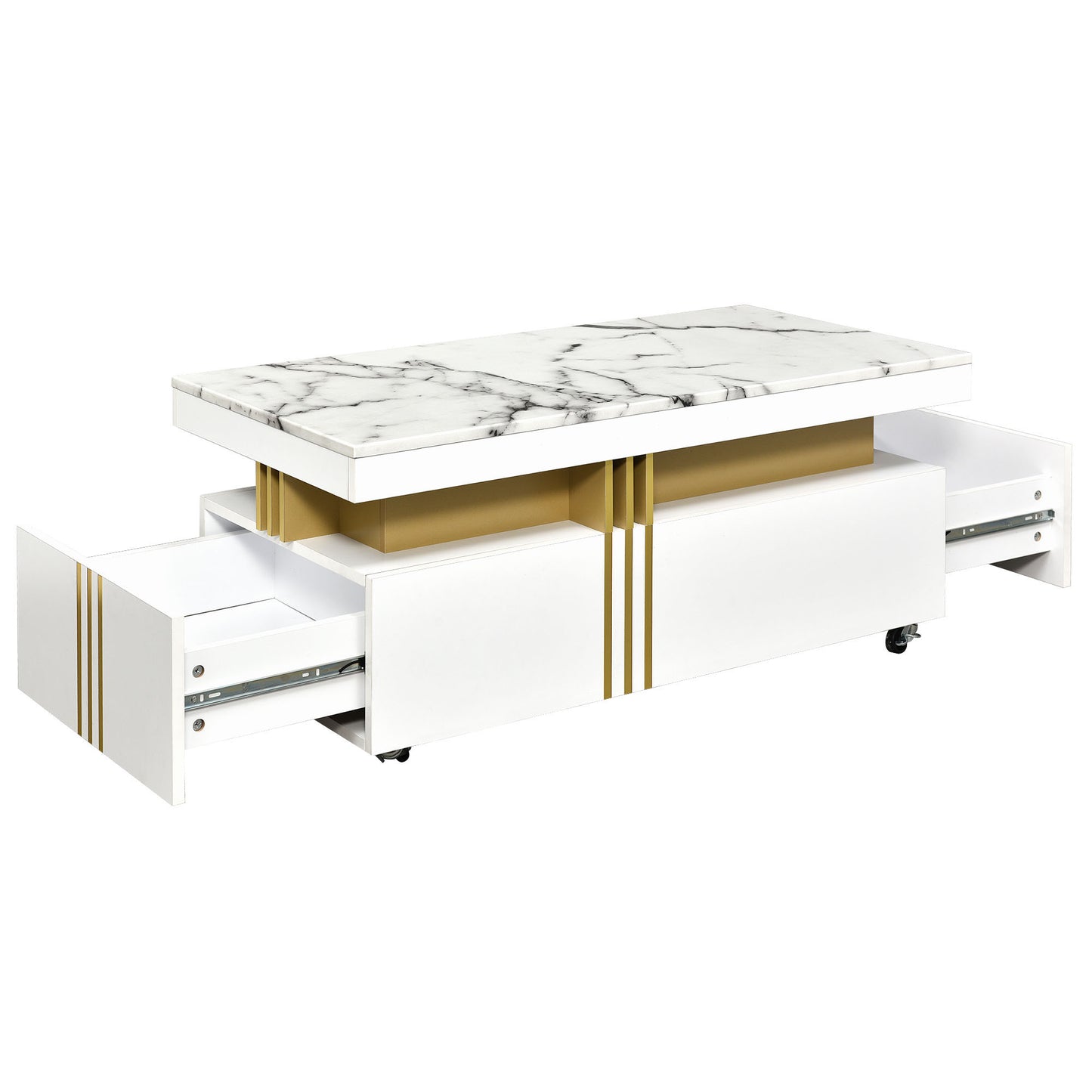 [VIDÉO fournie] Table basse contemporaine ON-TREND avec plateau en faux marbre, table de cocktail rectangulaire avec roulettes, table centrale de luxe modéré avec barres en métal doré pour le salon, blanc