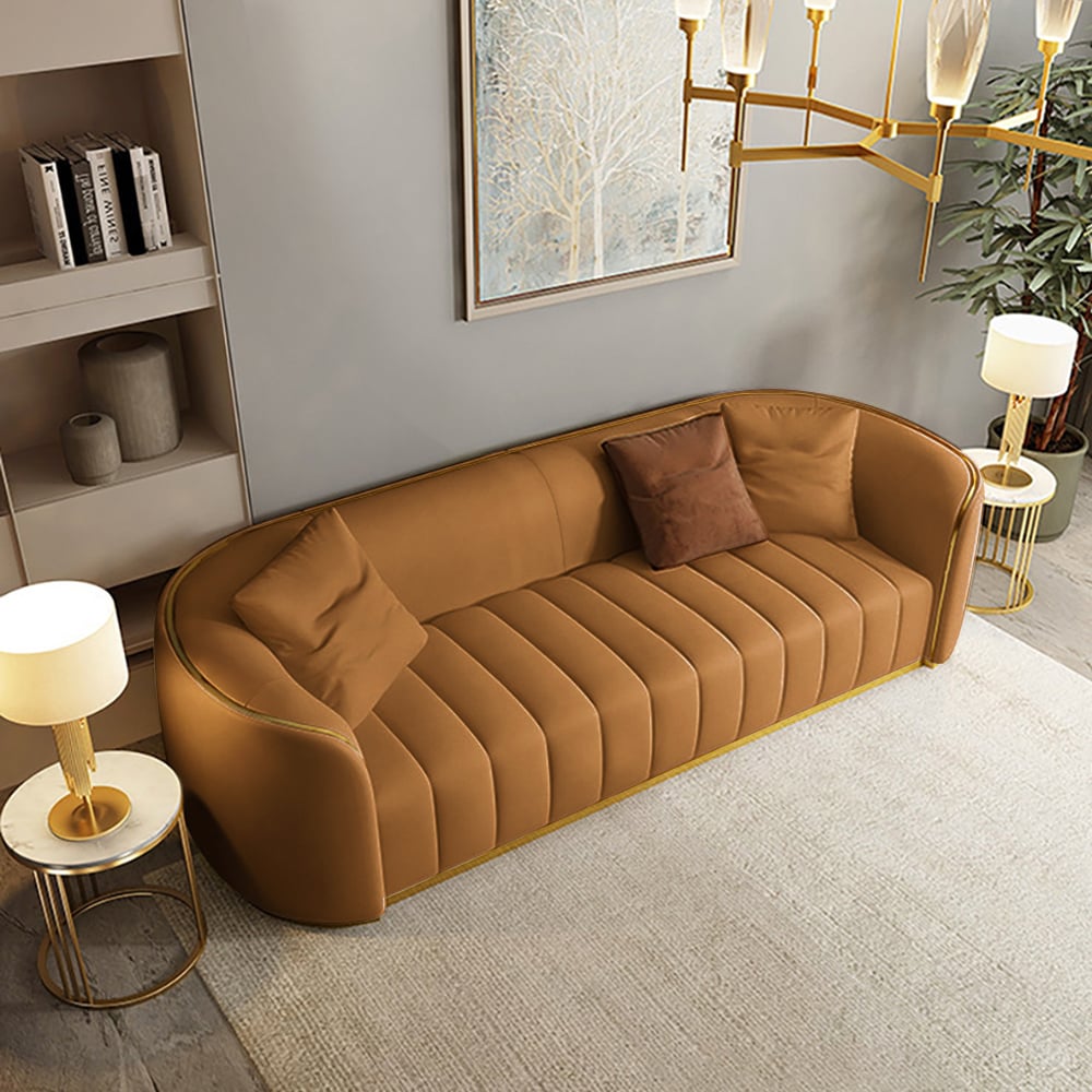 89 Modern Faux Leather Upholstered 3-Seater Sofa with Gold Legs#Orange