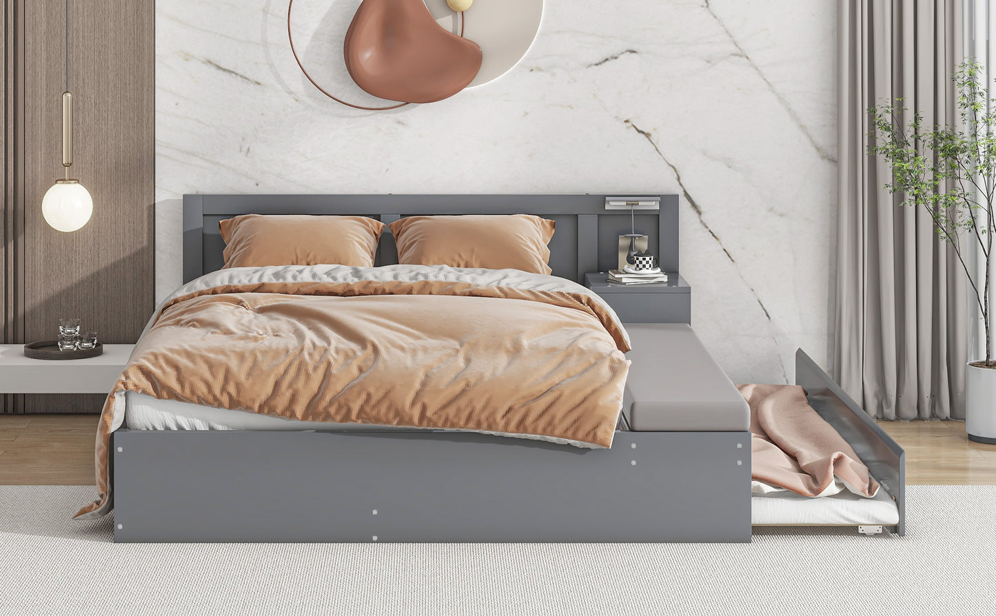 Lit plateforme hydraulique pleine grandeur avec rangement en bois avec lit gigogne double, table d'appoint et salon, gris