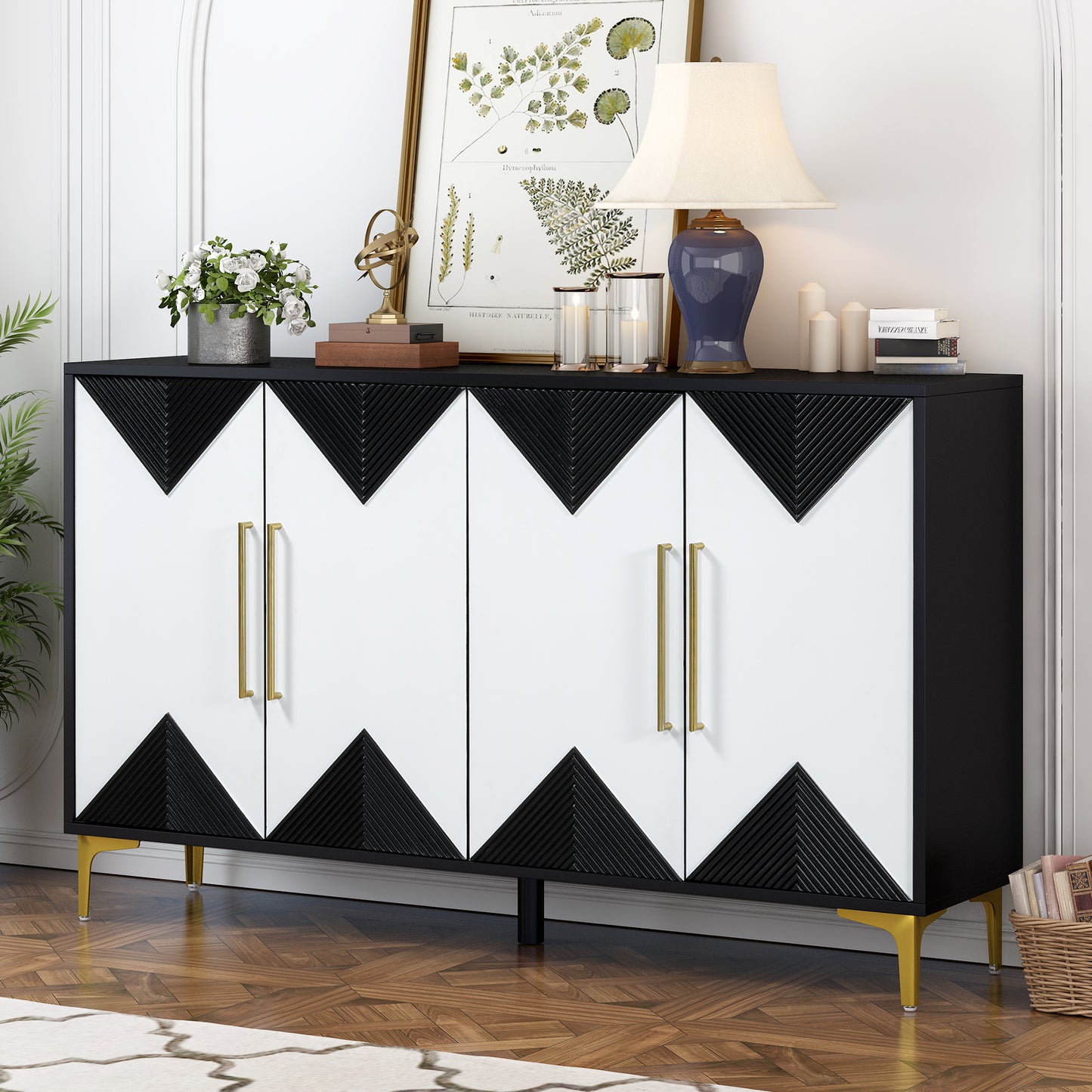 Unique Features of a Four-Door Cabinet with Two-Tone Triangular Pattern Doors, Suitable For Entryway, Hallway, Living Room