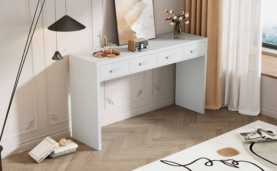 TREXM Modern Minimalist Console Table with Open Tabletop and Four Drawers with Metal Handles for Entry Way, Living Room and Dining Room (White)