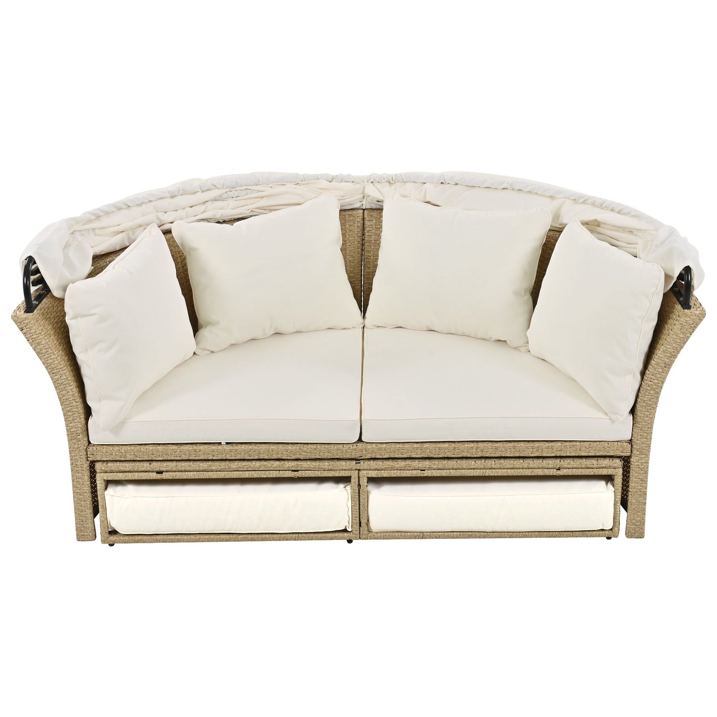 Outdoor Patio Daybed Wicker Rattan Double Daybed Round Sofa Furniture Set with Retractable Canopy, 4 Pillows for Lawn Garden Backyard Porch Pool, Beige