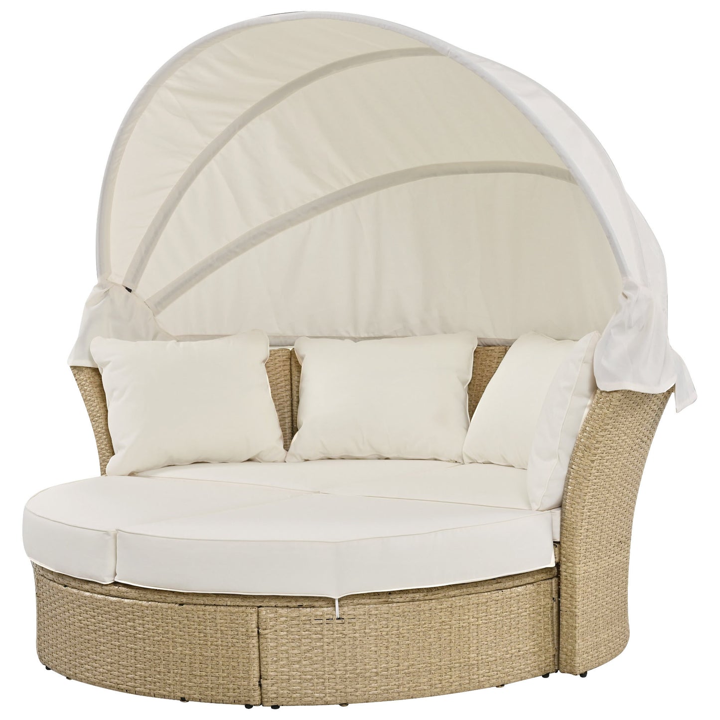 Outdoor Patio Daybed Wicker Rattan Double Daybed Round Sofa Furniture Set with Retractable Canopy, 4 Pillows for Lawn Garden Backyard Porch Pool, Beige