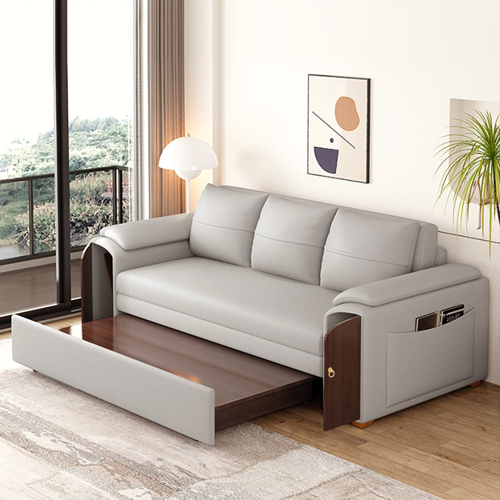 94.5" Gray Pull Out Sofa Bed Convertible Leath-Aire Sleeper with Lift-top Coffee Table
