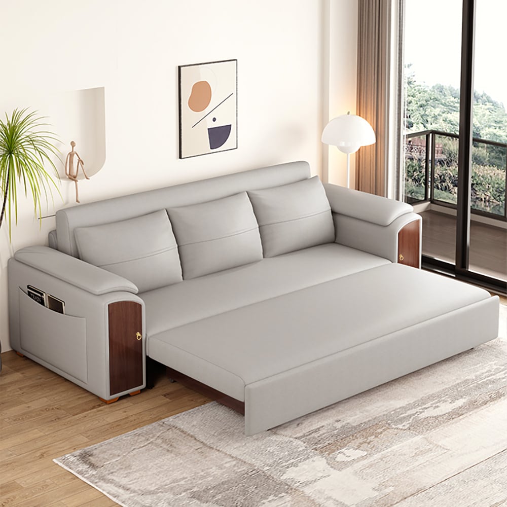 94.5" Gray Pull Out Sofa Bed Convertible Leath-Aire Sleeper with Lift-top Coffee Table