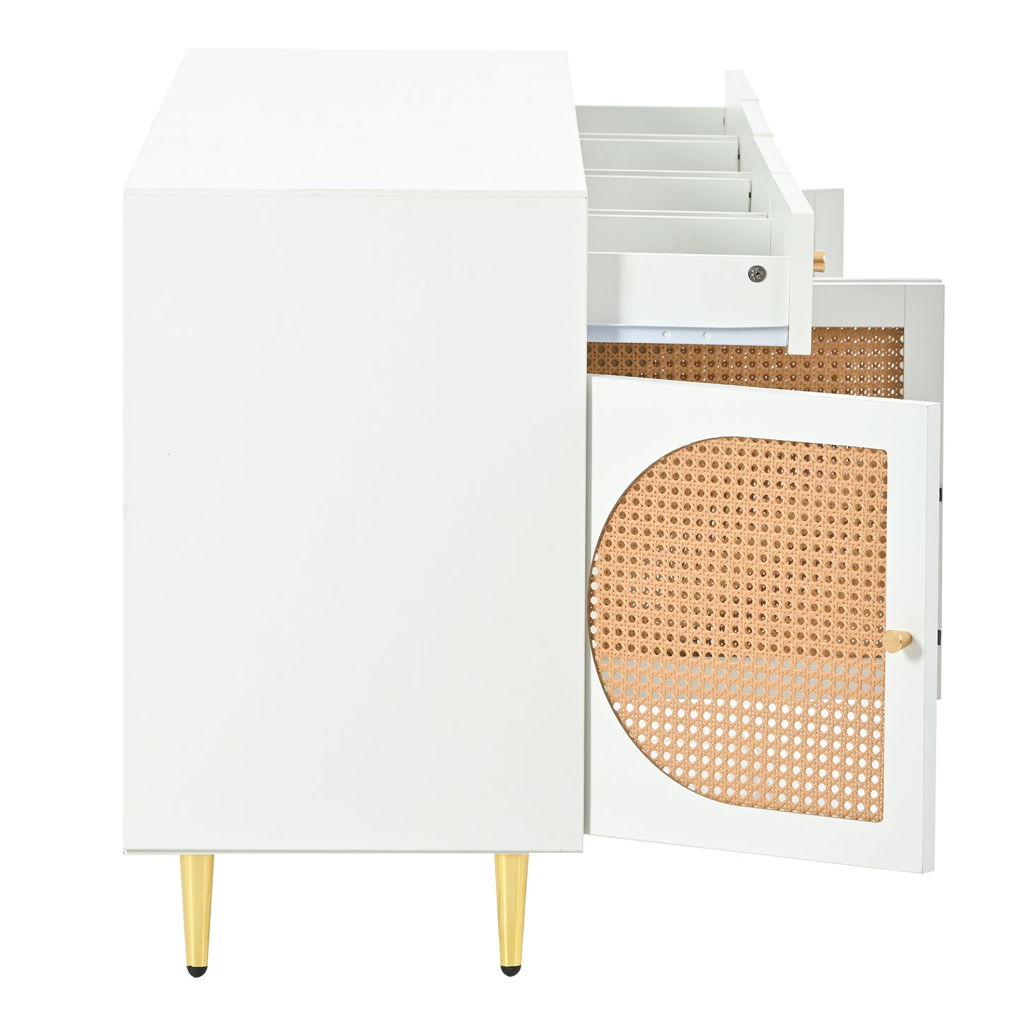 U-Can Meuble TV avec porte en rotin, table console multimédia tissée avec étagères réglables pour téléviseurs jusqu'à 65", buffet de rangement pour salon