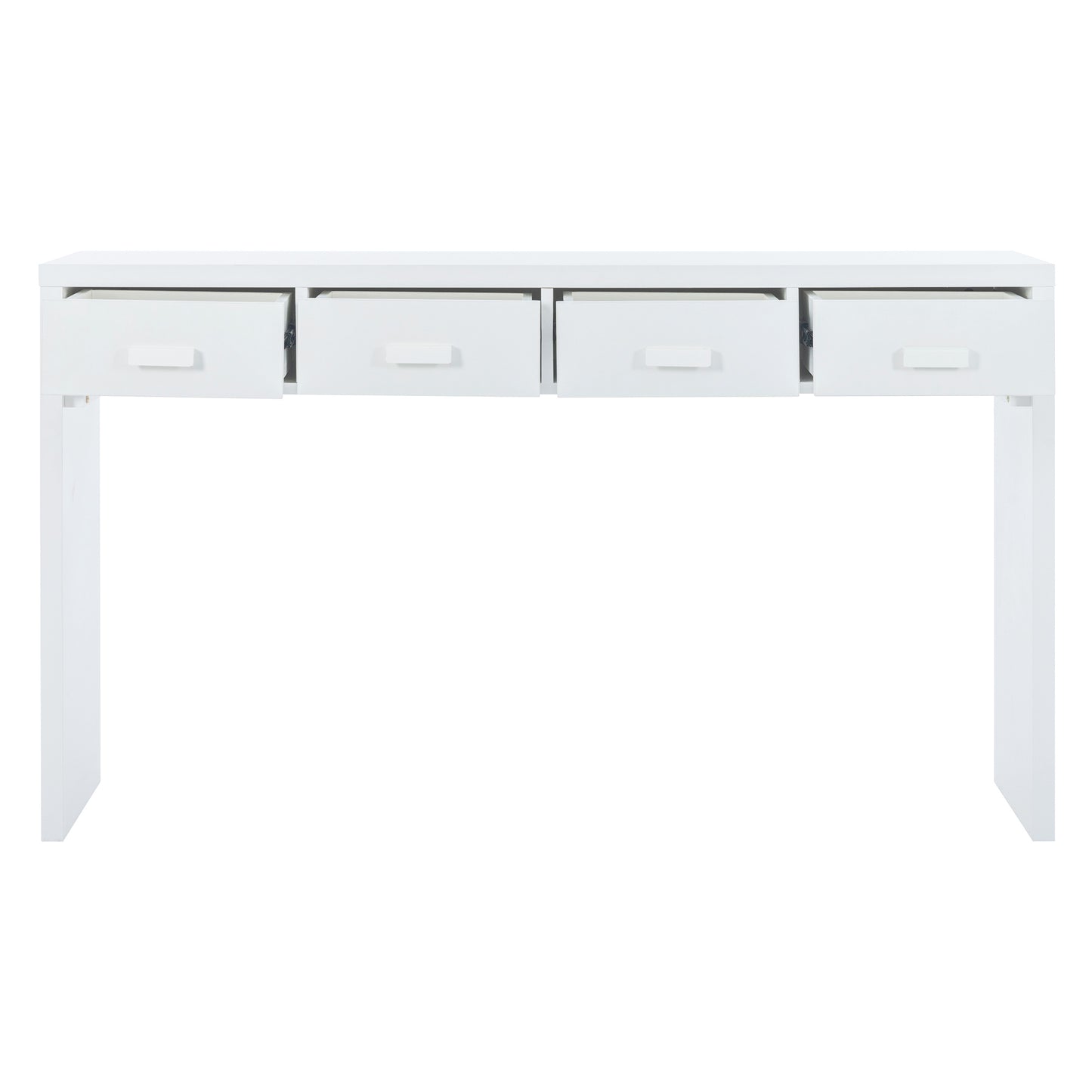 TREXM Modern Minimalist Console Table with Open Tabletop and Four Drawers with Metal Handles for Entry Way, Living Room and Dining Room (White)