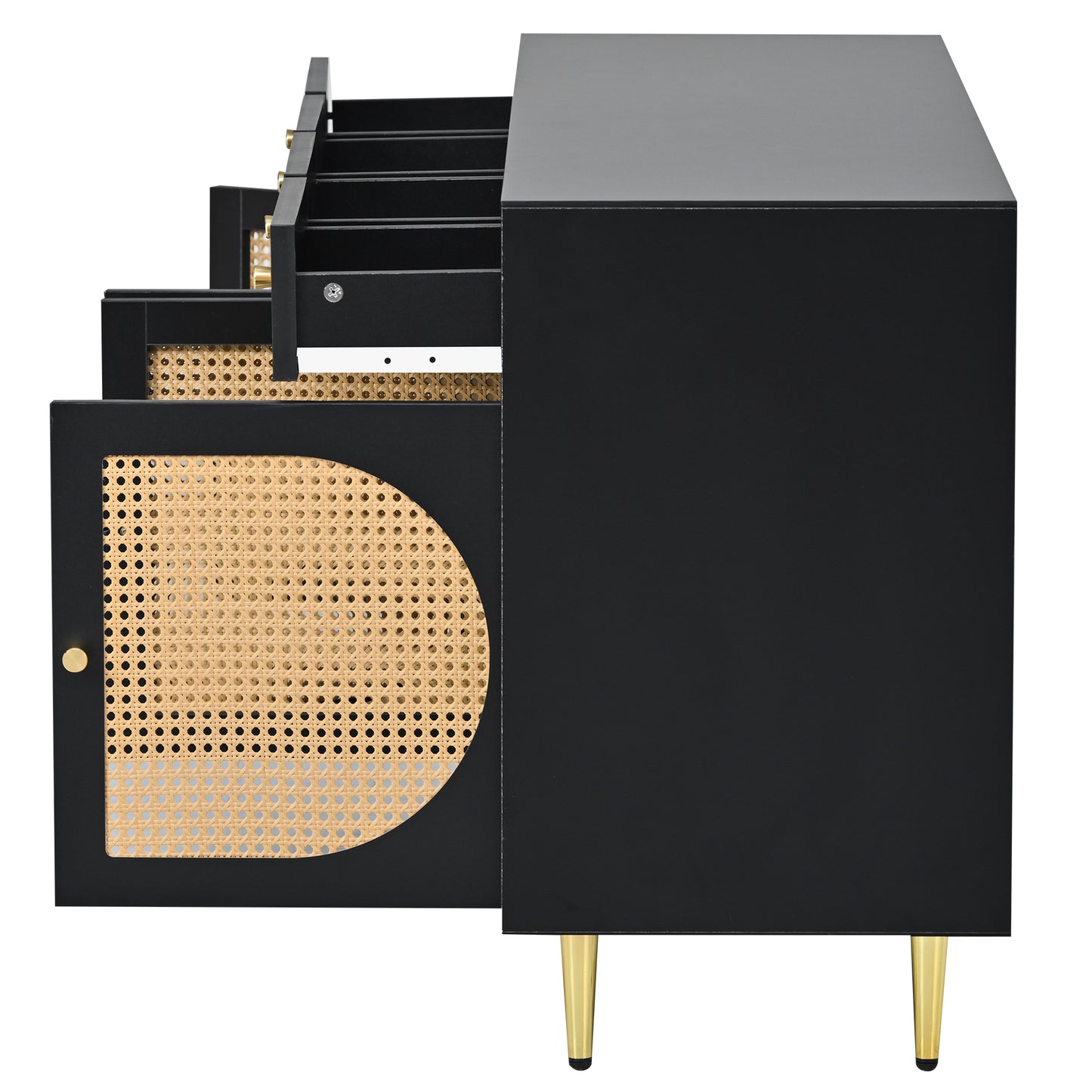 U-Can Meuble TV avec porte en rotin, table console multimédia tissée avec étagères réglables pour téléviseurs jusqu'à 65", buffet de rangement pour salon