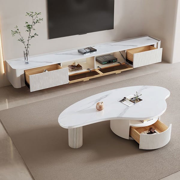 Wall-Mounted Fluted TV Stand with 2 Drawers and Flip Glass Doors Stone Top Media Console