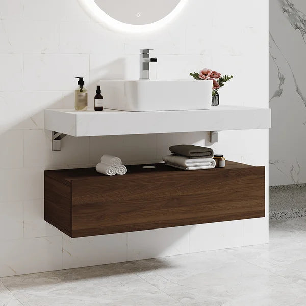Modern Floating Bathroom Vanity Set With Single Sink White and Walnut