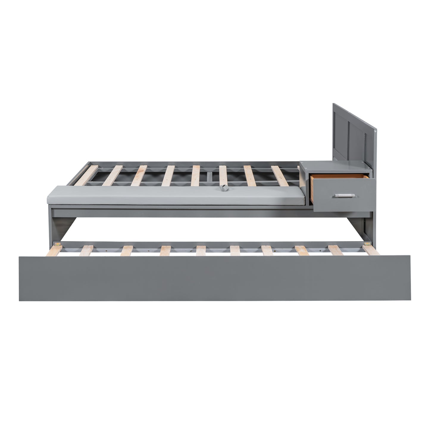 Lit plateforme hydraulique pleine grandeur avec rangement en bois avec lit gigogne double, table d'appoint et salon, gris