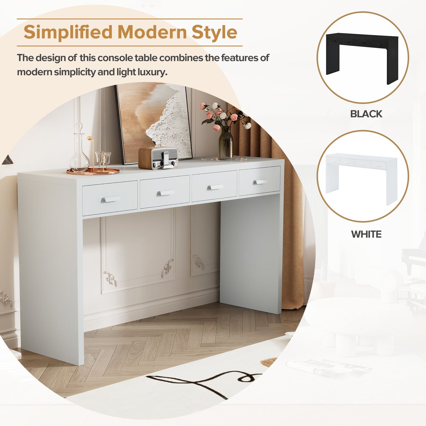 TREXM Modern Minimalist Console Table with Open Tabletop and Four Drawers with Metal Handles for Entry Way, Living Room and Dining Room (White)