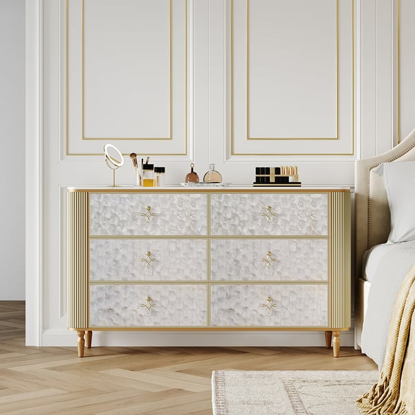Commode Art Déco à 6 tiroirs Capiz Shell Beige Chest Storag Cabinet avec dessus en pierre frittée