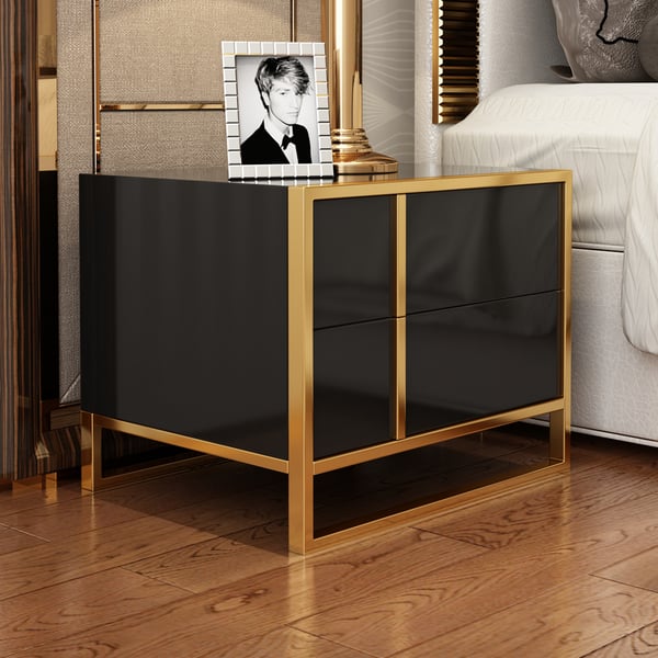 Black Lacquer Bedroom Nightstand Stainless Steel in Gold