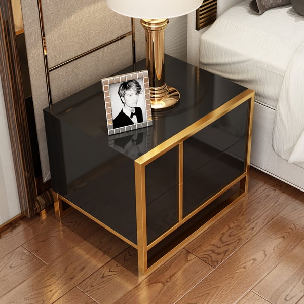 Black Lacquer Bedroom Nightstand Stainless Steel in Gold