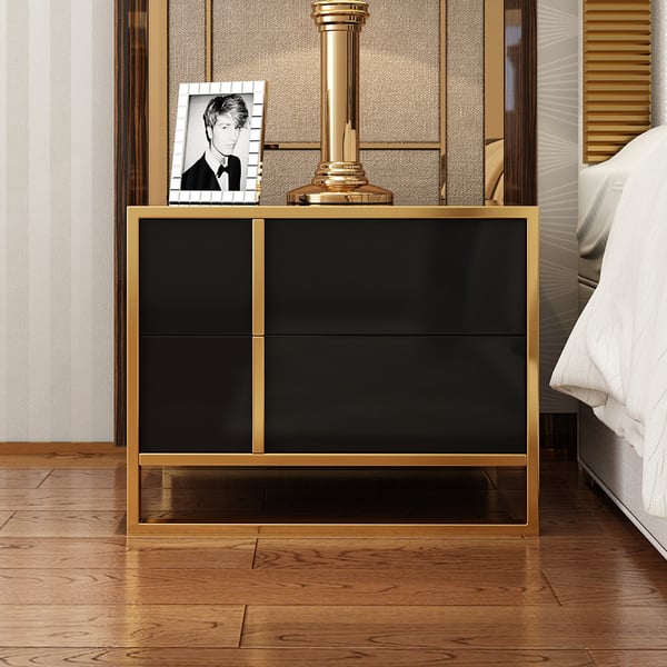 Black Lacquer Bedroom Nightstand Stainless Steel in Gold