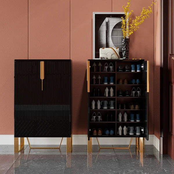 Black Shoe Cabinet Narrow Rectangular Entryway Storage Cabinet 12 Shelves