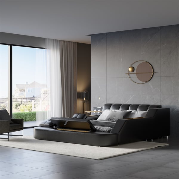 Black Smart Bed King Size Tufted Platform Bed with Massage, Storage & Speaker