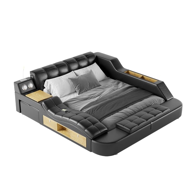 Black Smart Bed King Size Tufted Platform Bed with Massage, Storage & Speaker