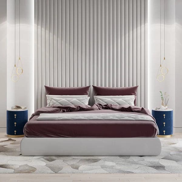 Blue Velvet Nightstand with Storage Sintered Stone Top Round Nightstand with 3 Drawers