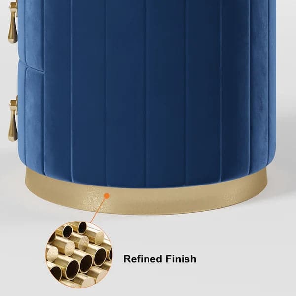 Blue Velvet Nightstand with Storage Sintered Stone Top Round Nightstand with 3 Drawers