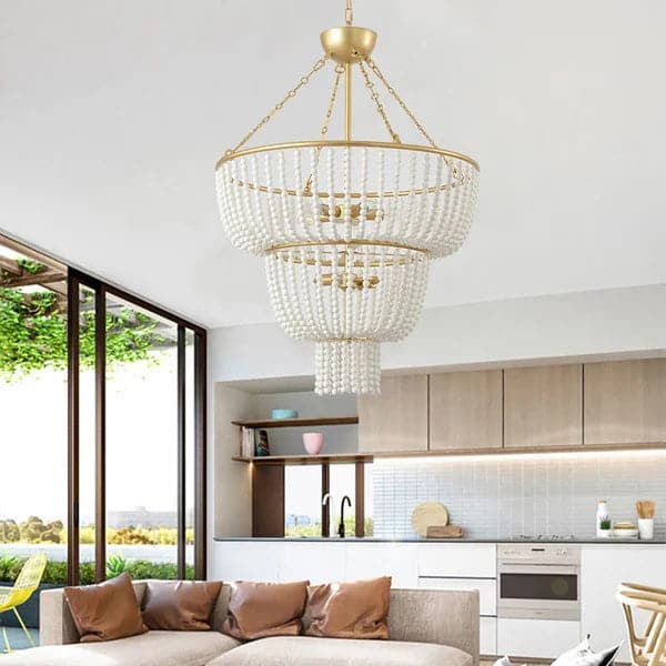 Boho 2-Tier White Ceramic Beads Gold Metal Frame 6/7-Light Chandelier in Brass#7-Light