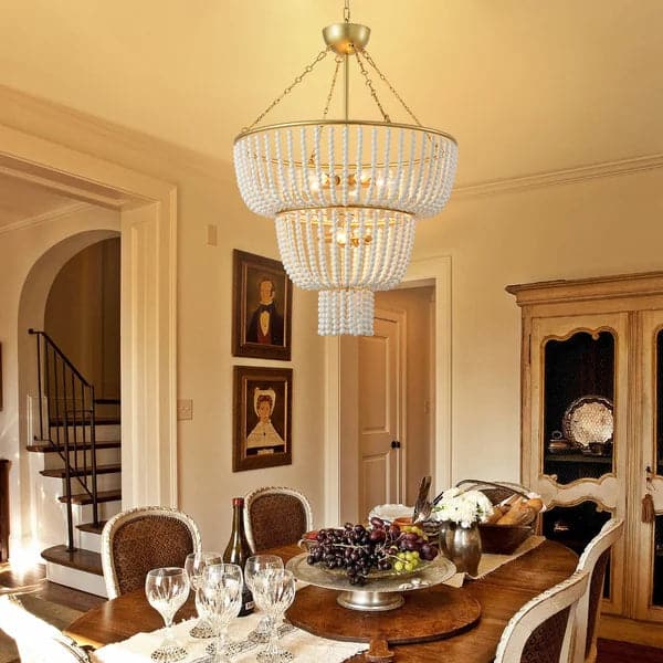 Boho 2-Tier White Ceramic Beads Gold Metal Frame 6/7-Light Chandelier in Brass#7-Light