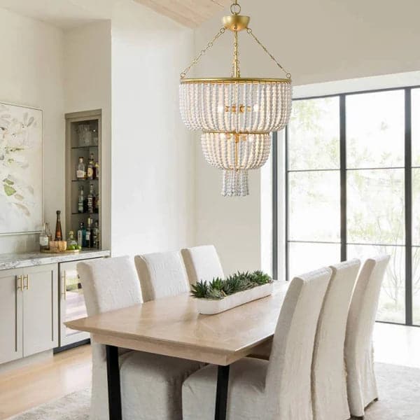 Boho 2-Tier White Ceramic Beads Gold Metal Frame 6/7-Light Chandelier in Brass#6-Light