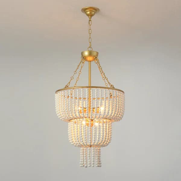 Boho 2-Tier White Ceramic Beads Gold Metal Frame 6/7-Light Chandelier in Brass#6-Light