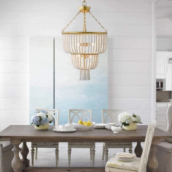 Boho 2-Tier White Ceramic Beads Gold Metal Frame 6/7-Light Chandelier in Brass#6-Light