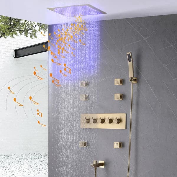 Ceiling-Mounted 16 Inches Shower System in Brushed Gold 4-Function Thermostatic