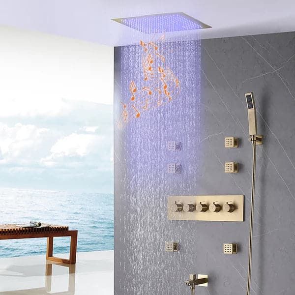 Ceiling-Mounted 16 Inches Shower System in Brushed Gold 4-Function Thermostatic